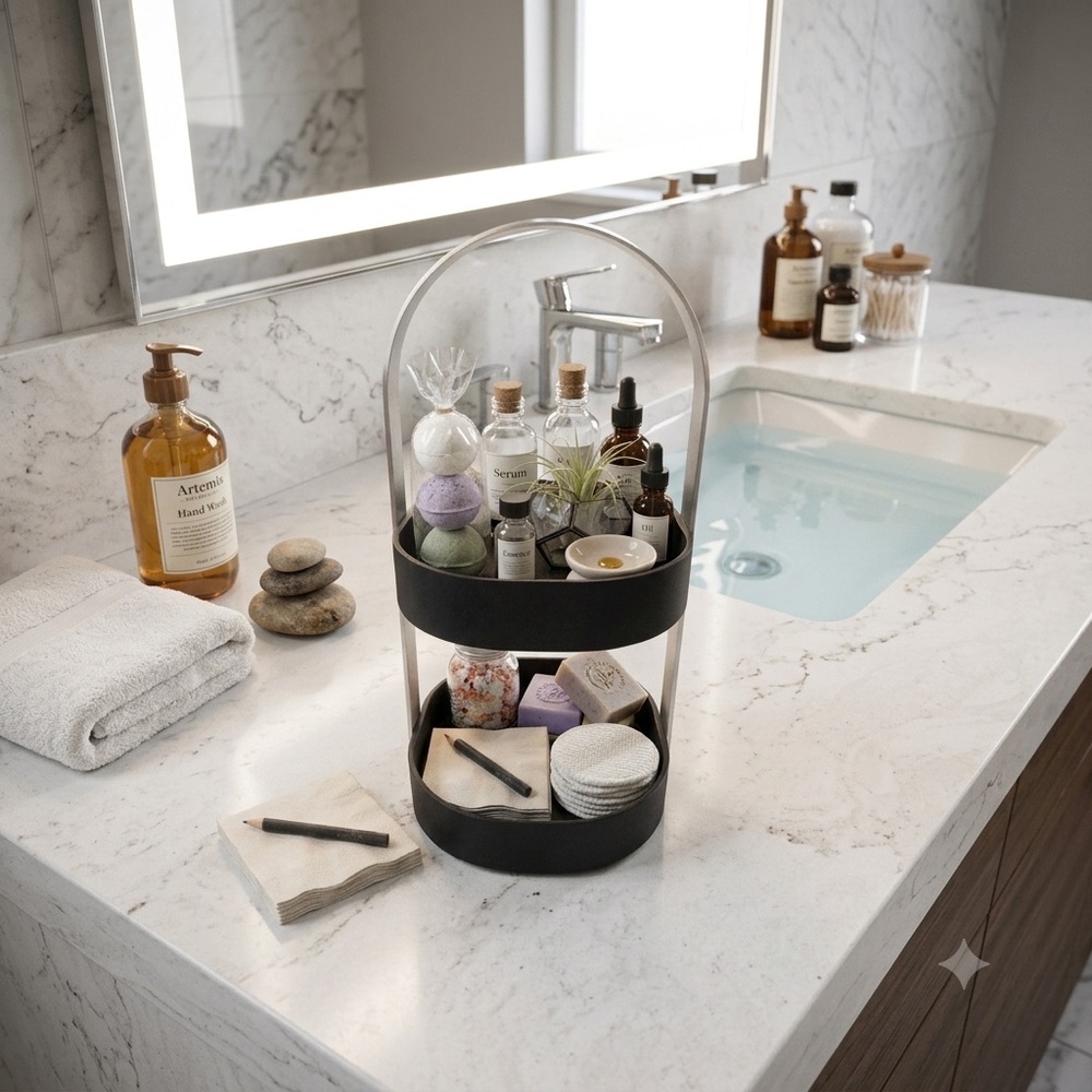 Modern 2-Tier Caddy Organizer Minimalist Tiered Storage Tray for Desk, or Vanity